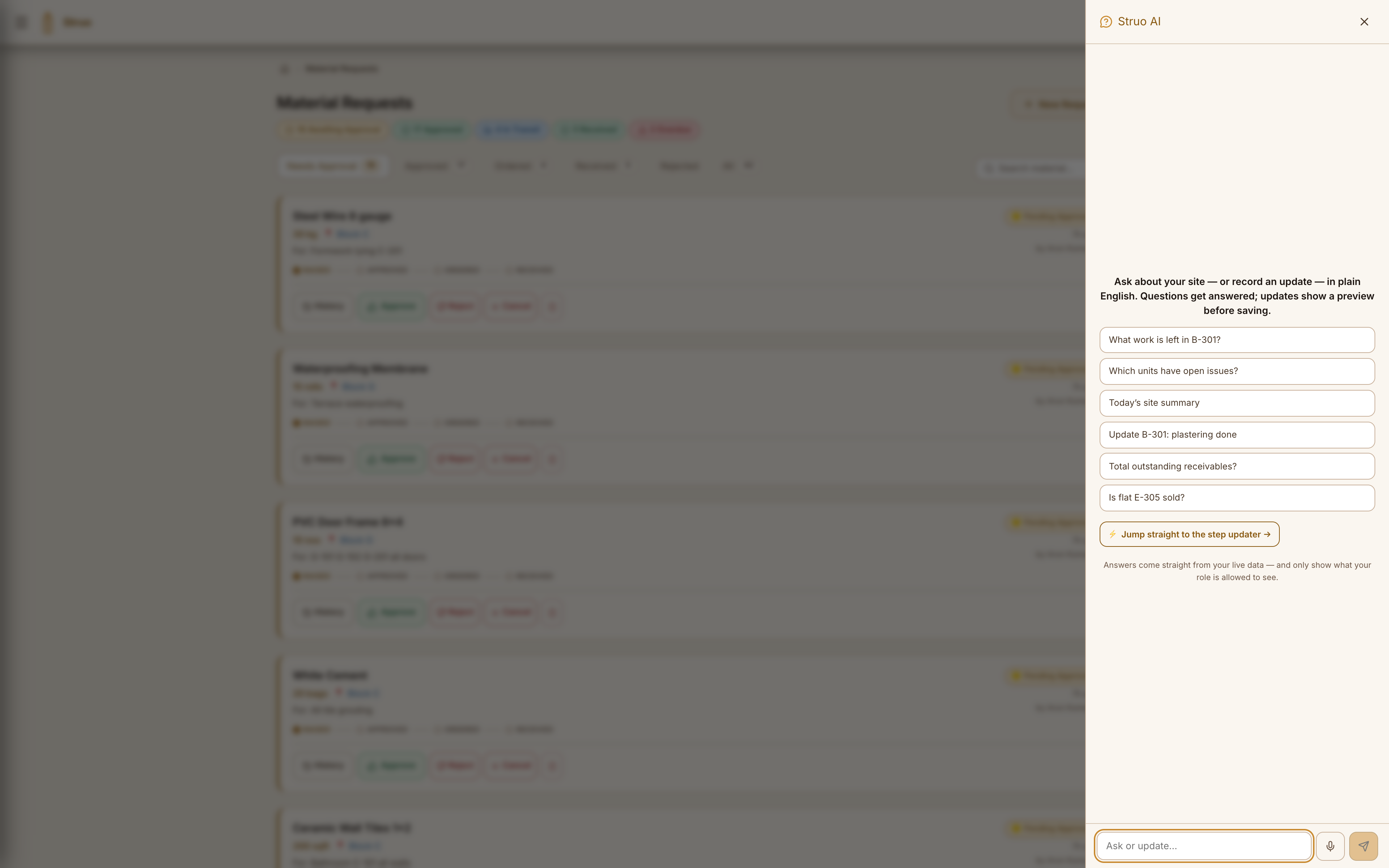 Struo AI assistant with suggested questions