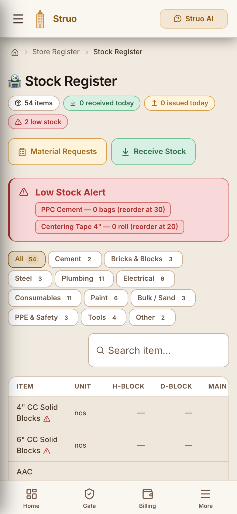 Stock register on a phone