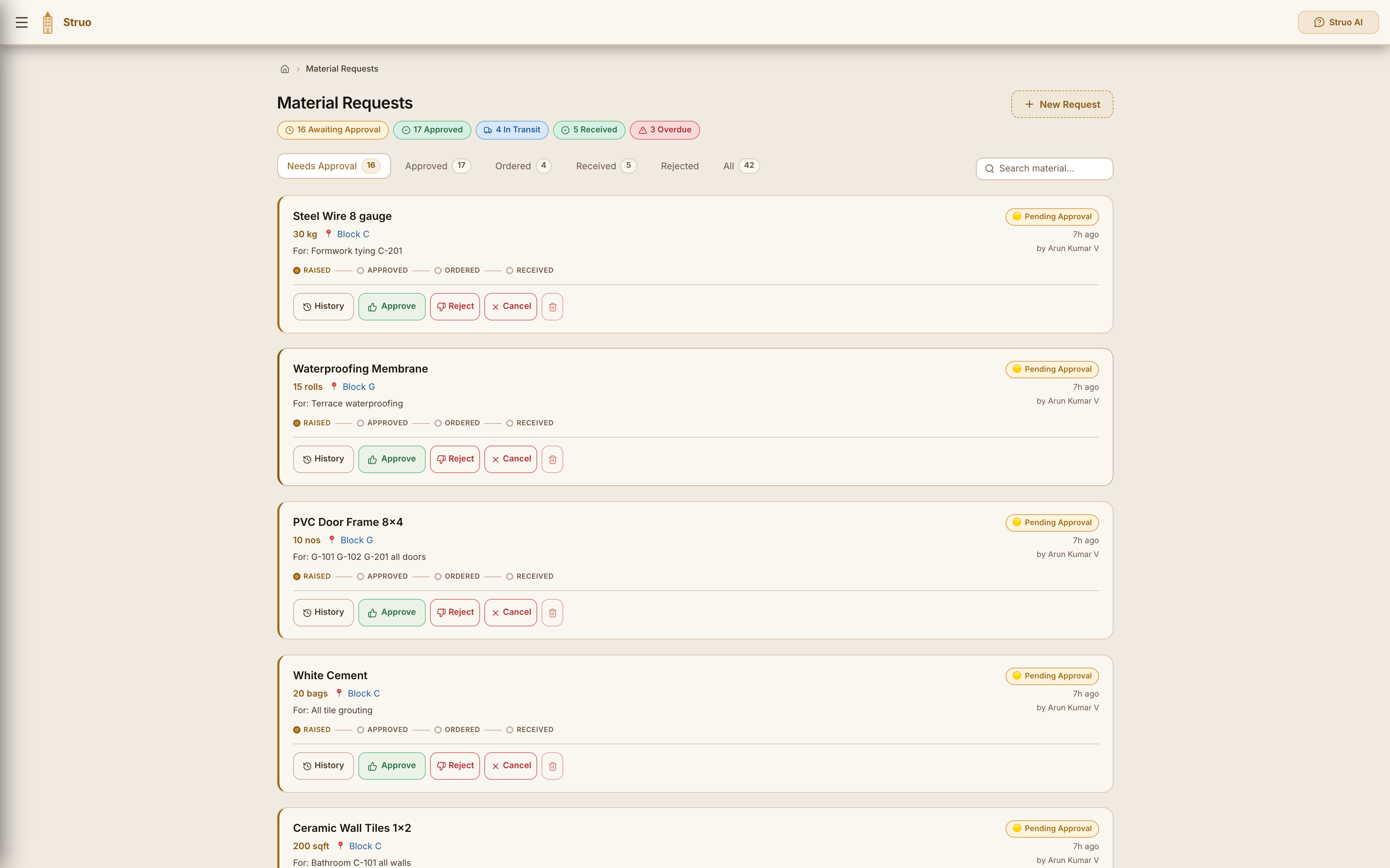 Material requests with approval actions