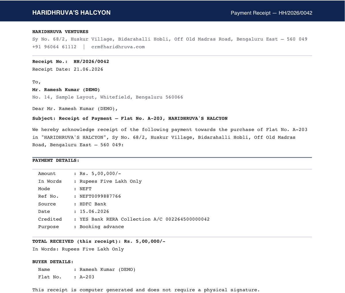 Auto-generated payment receipt